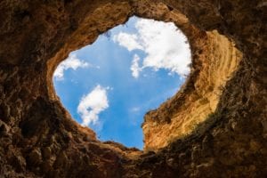looking up through cave opening